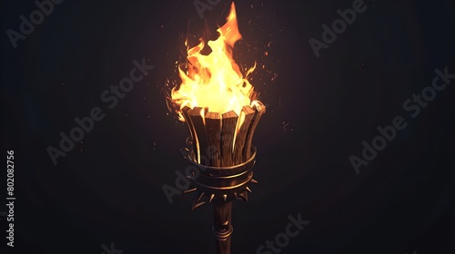 Wooden Torch Fire Burning Bright in Vintage Medieval Combustion Lamp Design