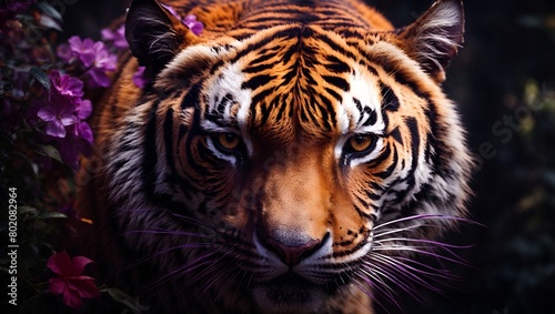 Hyperrealistic Tiger Head Illustration In Vibrant Colors. a vibrant and captivating image showcasing a tiger in a dark setting, its eyes glowing with intensity.