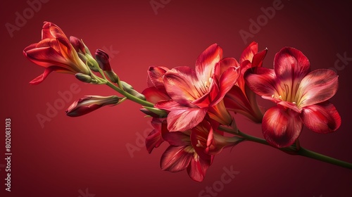 Freesia, deep red background, cover of magazine, spotlight effect, angled from above