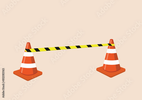 Barricade area with police line and 2 cone. Traffic cone sign. Sterile area. Investigation.