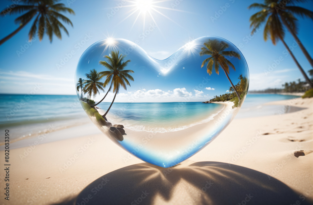 bright sunny sky, translucent glass heart on a sandy beach, seashore with palm trees in the background