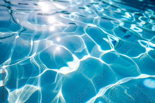 Blue water surface with bright sun light reflections, background closeup.