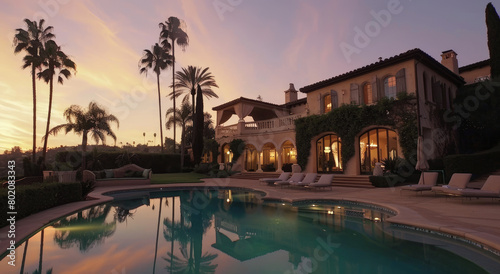 a beautiful house with an outdoor pool and palm trees in the background, California home for sale real estate photography, dusk, sunset. © Kien