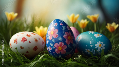 Bright Easter eggs and spring flowers on green grass outdoors
