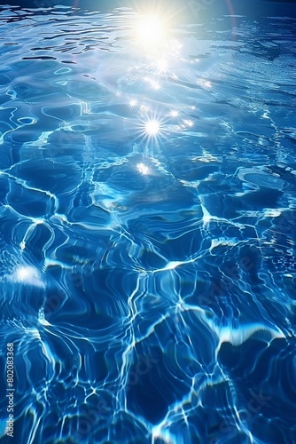 Blue water surface with bright sun light reflections, background closeup.