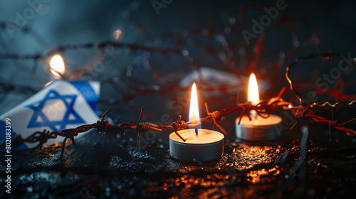 Burning candles flag of Israel and barbed wire on dark