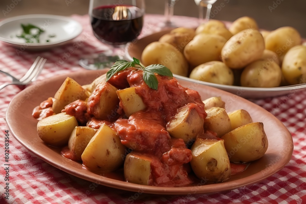 Plate of roast potatoes with tomato sauce