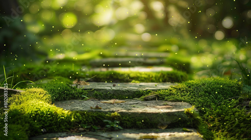 Moss-covered stone pathway with earthy green particles meandering through a softly blurred setting, reflecting the timeless beauty and natural tranquility of the forest landscape.