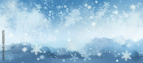 Snowy landscape with snow flakes on a blue sky