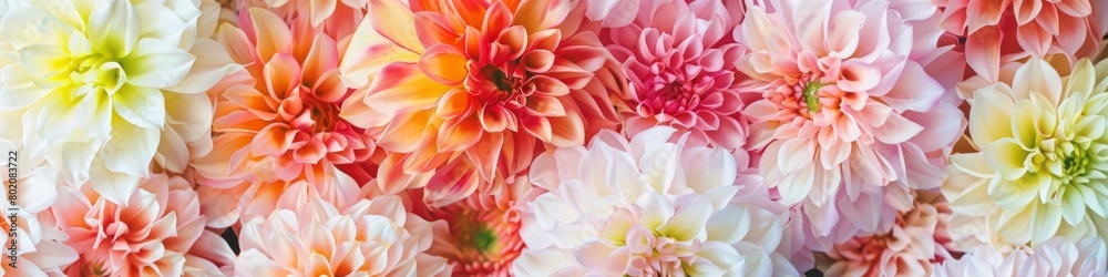 Fototapeta premium Variety of flowers displayed on a wall covered with wallpaper featuring a blank frame, banner