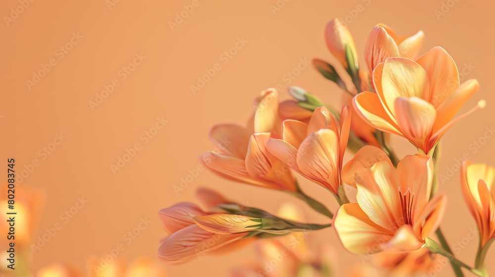 Freesia with a soft peach background, classic magazine style, gentle glow, frontal perspective