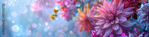 Several flowers are displayed on a wall with a blank frame in the blurred background  copy space  banner