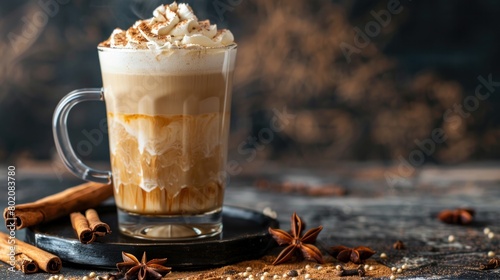 caffe latte with whipped cream, cinnamon and anise in a glass photo