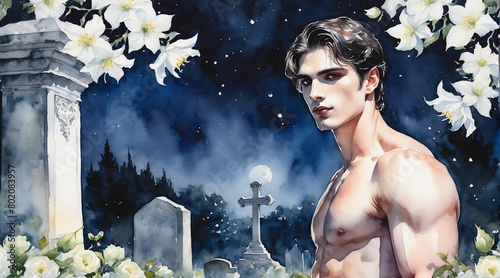 Handsome man shirtless in a graveyard at night, watercolor painting style, generative AI.