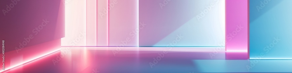 Neon room with pink and blue walls, featuring an open door in the background. Wallpaper. Banner, copy space.