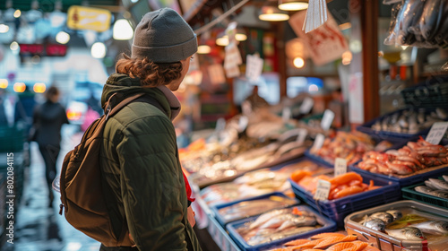 Individual in warm clothes browsing an assortment of fish market.