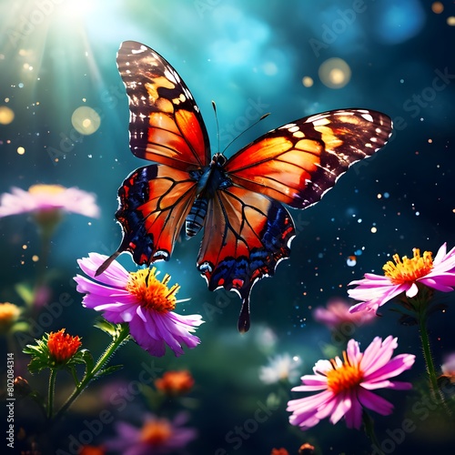 butterfly on a flower, butterfly in a flight mode  enjoying the beauty of nature  © kinza