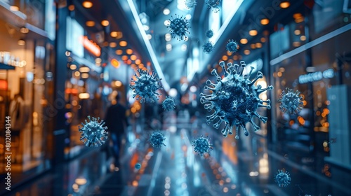 Blue Virus Particles Floating in Mall Corridor