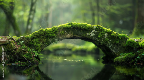 Moss-covered stone bridge with earthy green particles meandering through a softly blurred setting, reflecting the timeless beauty and natural tranquility of the forest landscape.