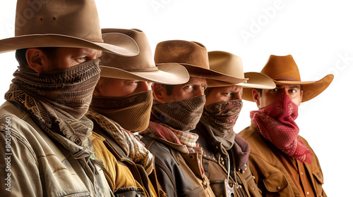 Lineup of Cowboys with Dusty Bandanas, Iconic Western Profile.
