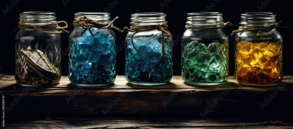 Row of glass jars filled with different colored liquid Row of glass jars filled with different colored liquid
