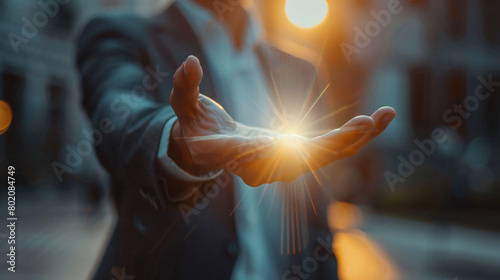 Businessman holding something against light background photo