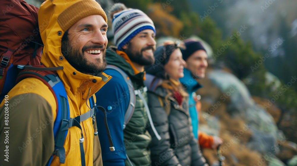 Group of Adventurers in Outdoor Gear in Line. Group of Adventurers in Outdoor Gear in Line.