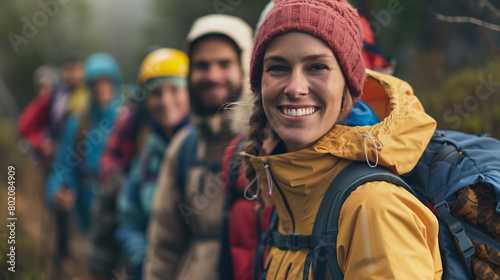 Group of Adventurers in Outdoor Gear in Line. © vlntn