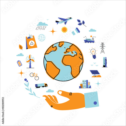 Human hand carefully holds Earth. Ecological concept of save the Earth. Color illustration isolated from background.