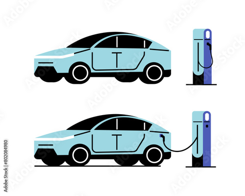 Blue electric car charging, side view.