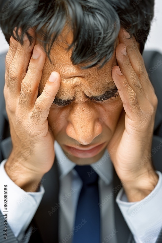 Fototapeta premium A man is holding his head in his hands, looking very stressed