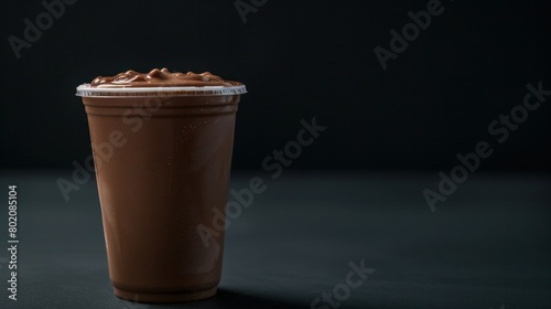 Chocolate milkshake in a plastic cup. on a black background. Free space for text