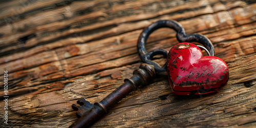 Heartshaped lock and key on vintage background of wooden table