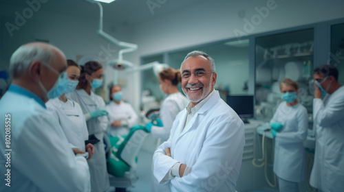 Senior Dentist Smiling with Team in Clinic Background.