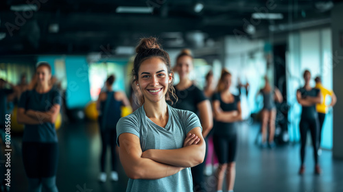 Fitness Coach Smiling with Participants in Background.