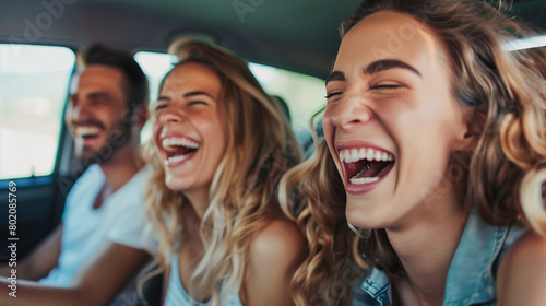 Group of Friends Laughter in a Car on a Road Trip.