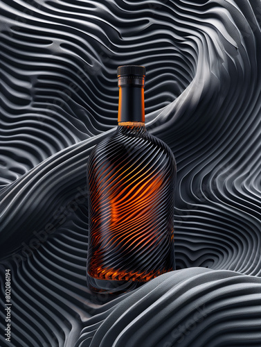 Edle Flasche leer in eleganter Form mit abstrakten Hintergrund zur Pr  sentation und Produktfotografie als Druckvorlage