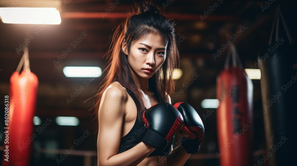 A woman wearing boxing gloves stands in front of two red punching bags A woman wearing boxing gloves stands in front of two red punching bags