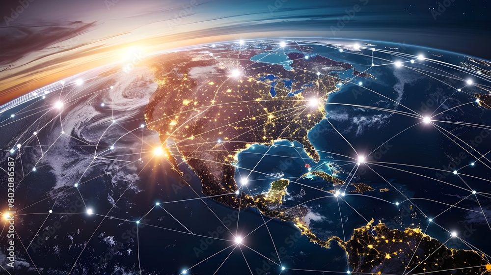 Global communication concept, globalization and networking with map of United States in middle of frame Global communication concept, globalization and networking with map of United States in middle of frame