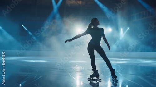 A woman is skating on ice with lights in the background © liliyabatyrova