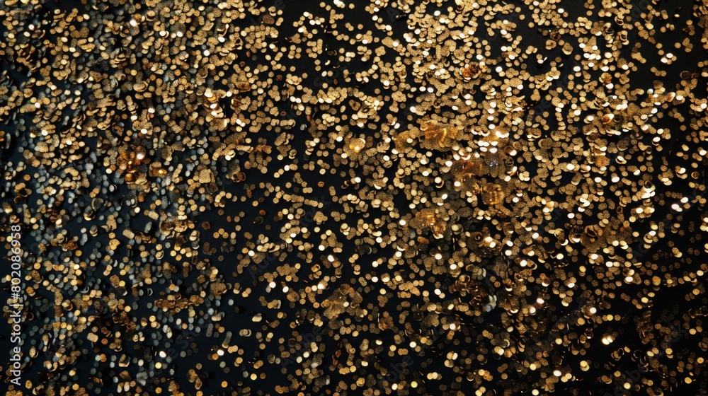 Shimmering gold sequins on a black backdrop provide a glamourous and eye-catching texture. Shimmering gold sequins on a black backdrop provide a glamourous and eye-catching texture.