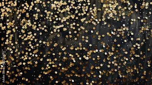 Shimmering gold sequins on a black backdrop provide a glamourous and eye-catching texture.