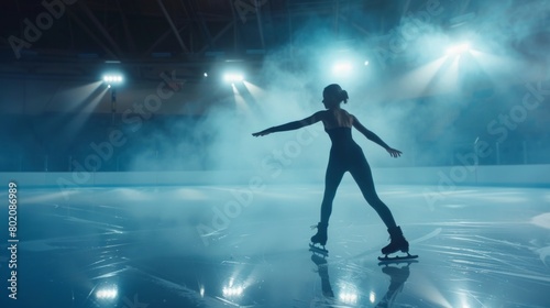A woman is skating on ice with a foggy atmosphere