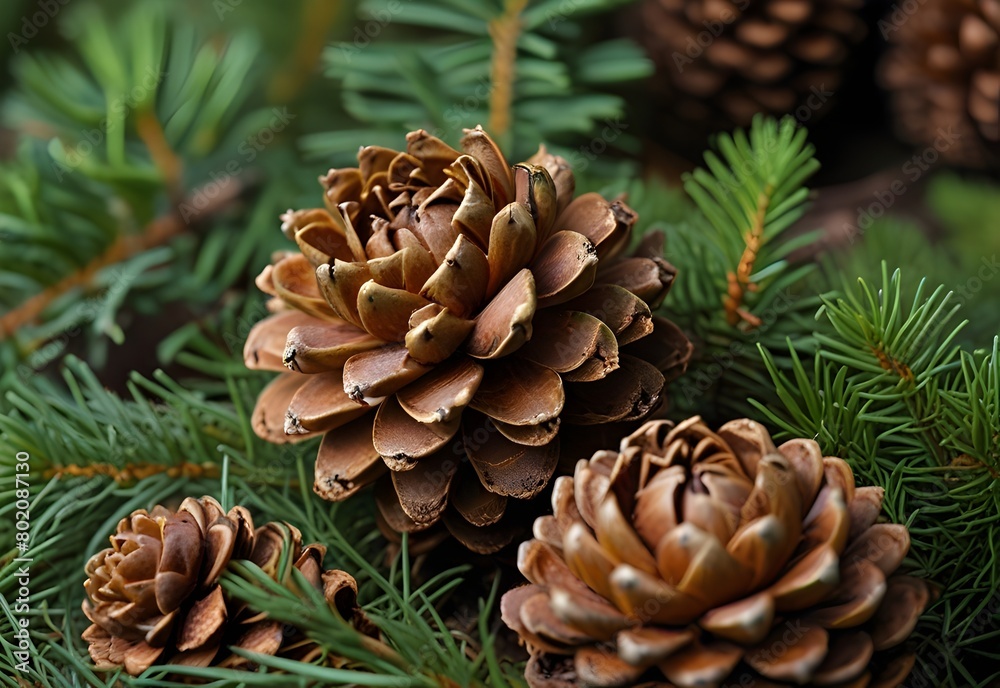 Pinecones nestled in needles contrast tightly packed scales with sharp greenery, generative AI Pinecones nestled in needles contrast tightly packed scales with sharp greenery, generative AI