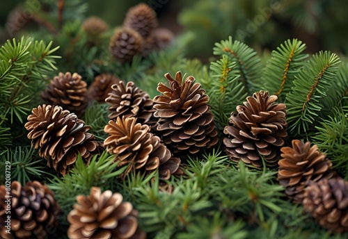 Pinecones nestled in needles contrast tightly packed scales with sharp greenery, generative AI