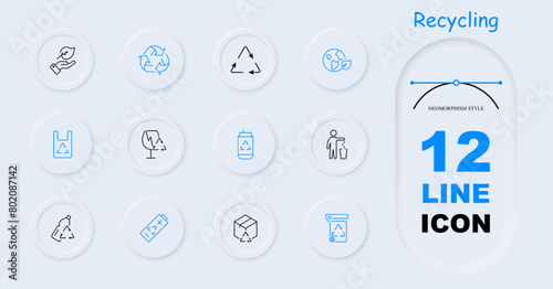 Ecology set icon. Recycling, plastic, reuse, glass, garbage, environmental pollution, bionomics, battery, lithium battery, hand and leaf, bottle, neomorphism. Environment care concept.