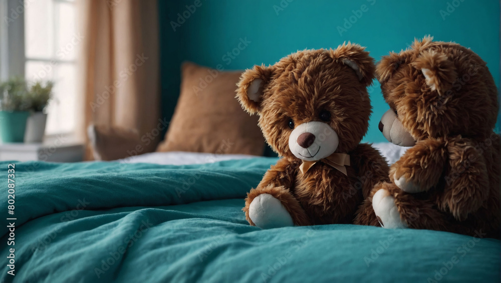 Cuddly Brown Teddy Bear Plushie on Tranquil Turquoise Background.