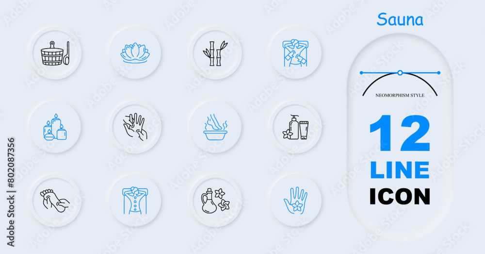 Sauna set icon. Basin with ladle, bamboo, creams and balms, lotus, unity with nature, flower, lighting, candle aroma, feet, foot, arm, back massage, neomorphism, stone therapy. Relaxation concept. Sauna set icon. Basin with ladle, bamboo, creams and balms, lotus, unity with nature, flower, lighting, candle aroma, feet, foot, arm, back massage, neomorphism, stone therapy. Relaxation concept.