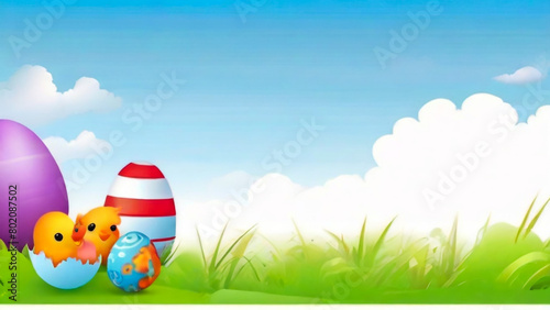 Bright Easter eggs and spring flowers on green grass outdoors 