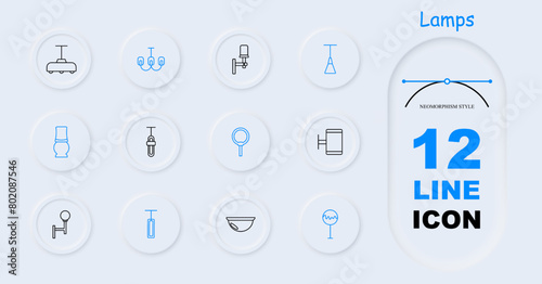 Icon set lamps. Lamps, fixtures, lighting, light, chandelier, luminous sign, light bulb, illumination, lantern, variety, tube, illuminator, glow, luster, neomorphism. Choice concept.